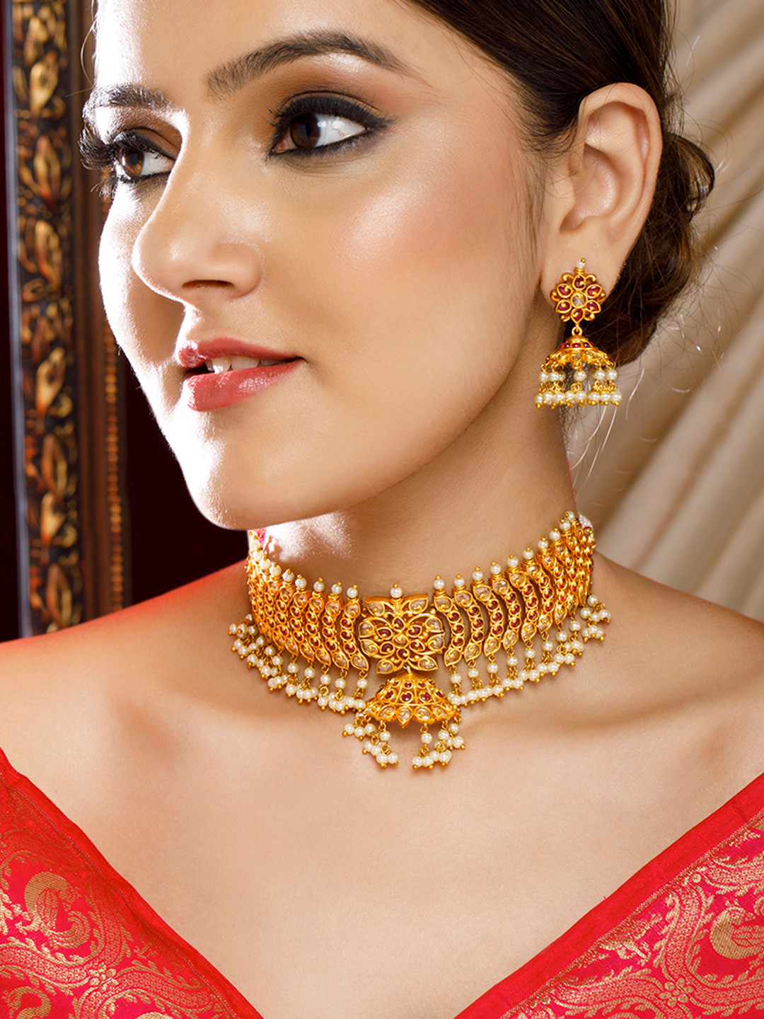 

Rubans 22K Gold-Plated Ruby & White AD Stone Studded Jewellery Set with Cream Pearl Accent