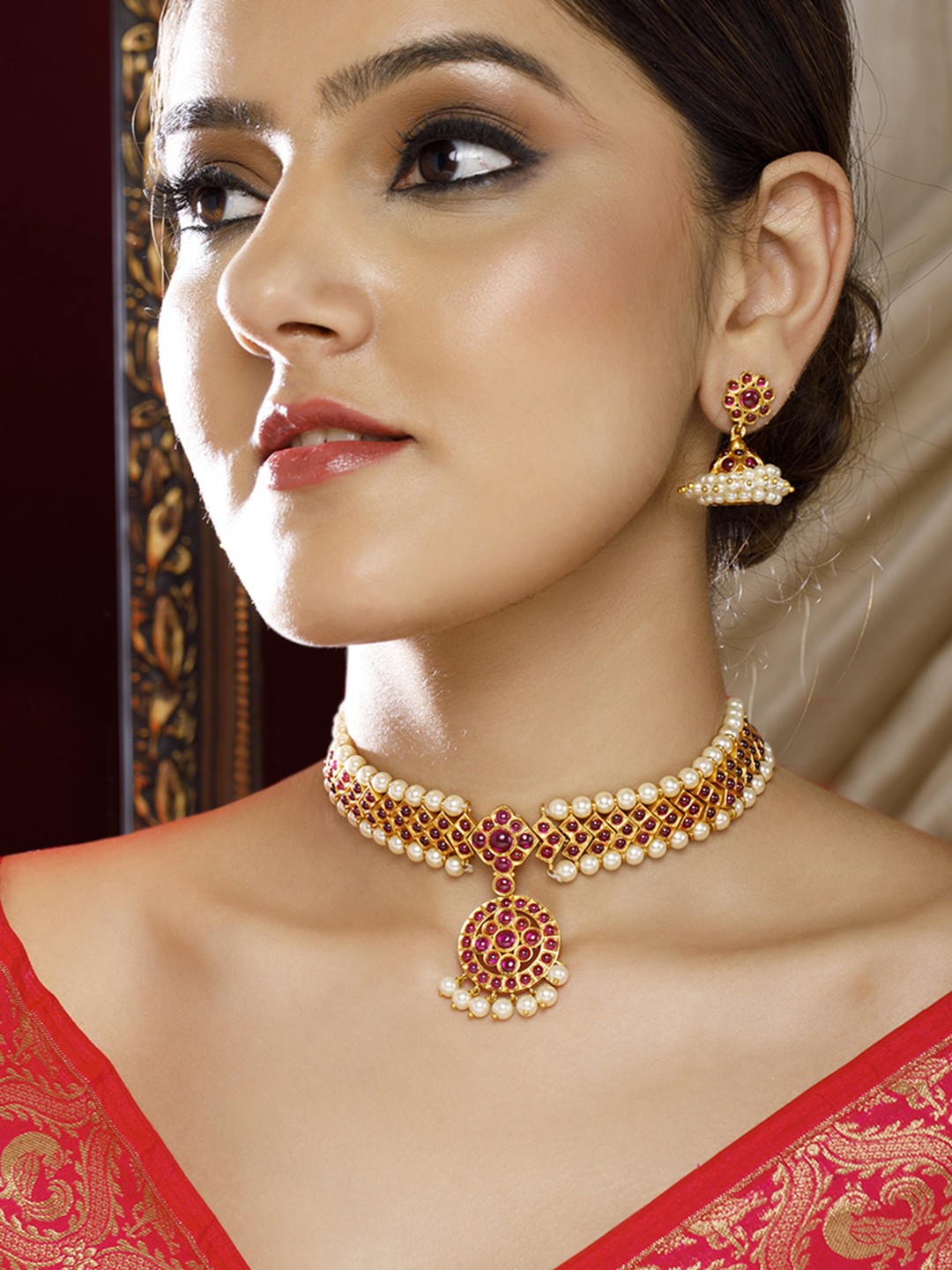 

Rubans Gold -Plated Ruby & Pearl Studded Choker Set