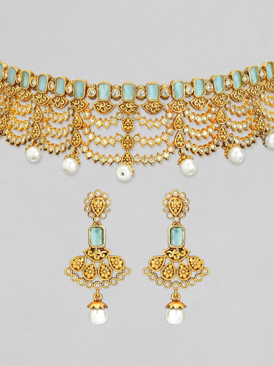 

Rubans 24K Gold-Plated White & Green AD-Studded & Beaded Jewellery Set