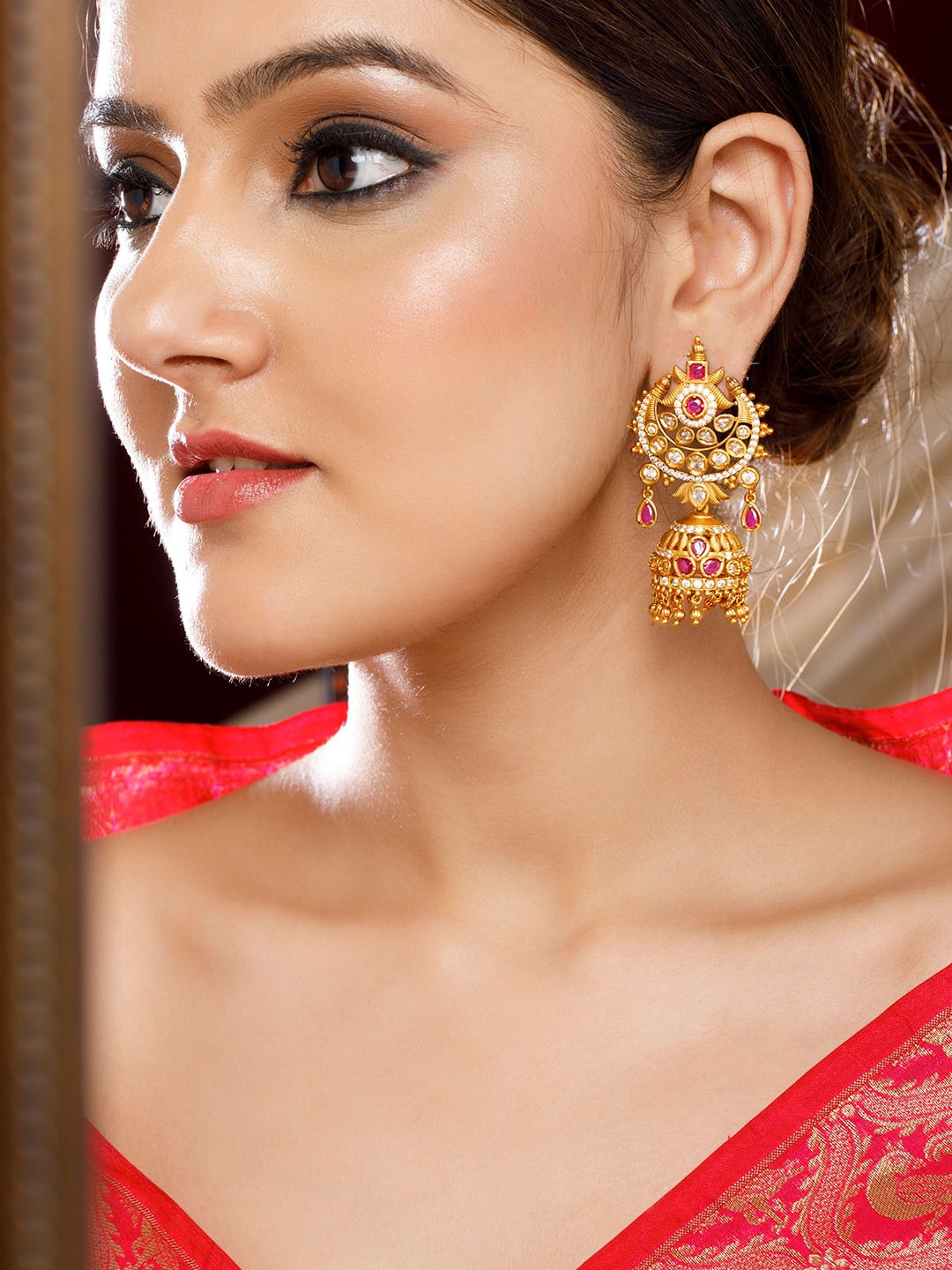 

Rubans Gold-Plated Red Ruby Studded Jhumkas