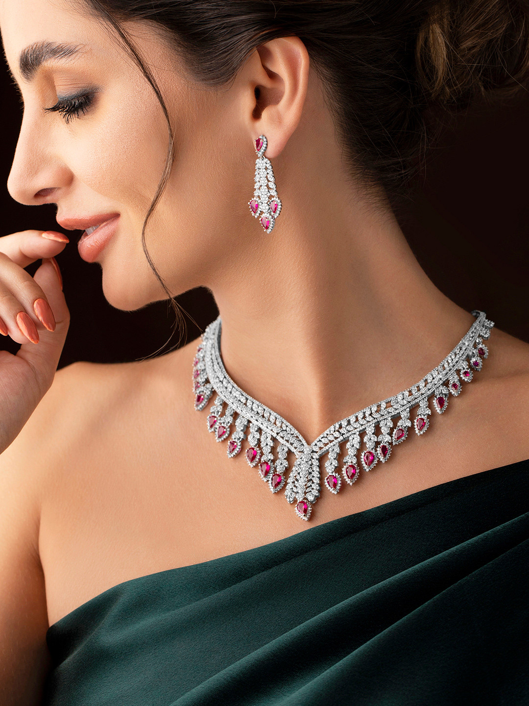 

Rubans 22k Silver-Plated Ruby AD Studded Jewellery Set