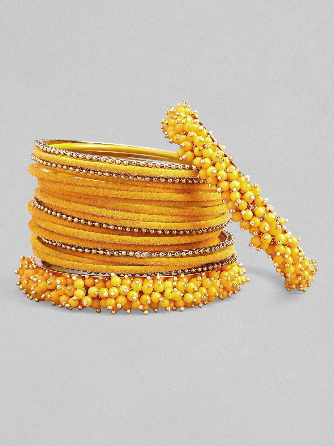 Rubans Women Pack of 2 Musturd Yellow Velvet & Beaded Bangle Set