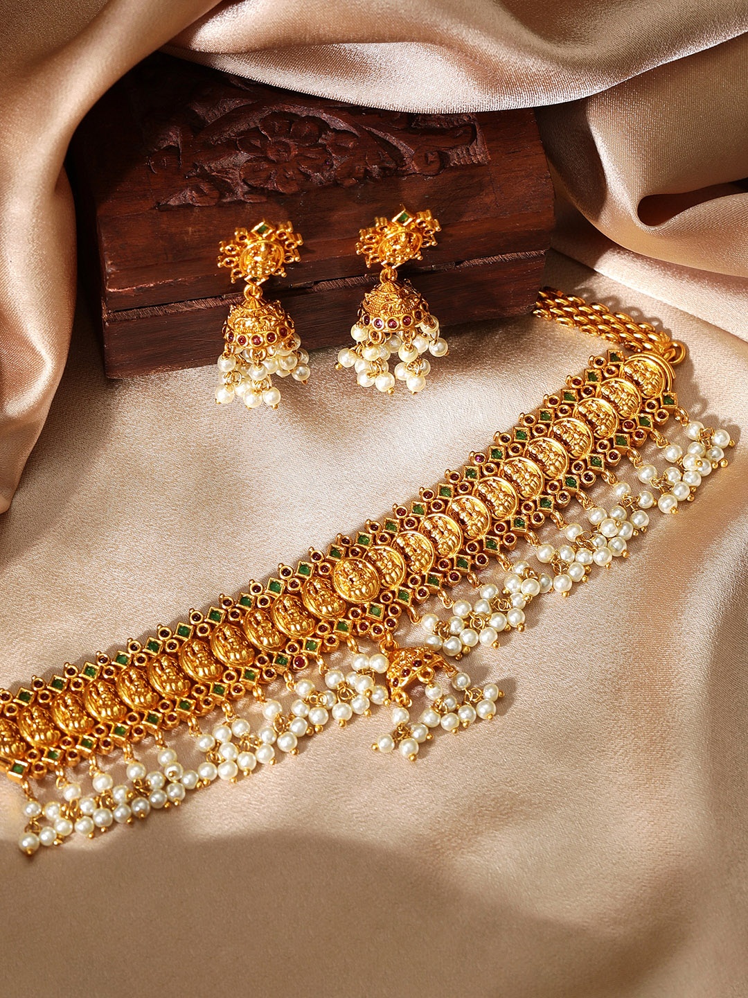 

Rubans 24K Gold-Plated White & Green Stone & Beaded Jewellery Set