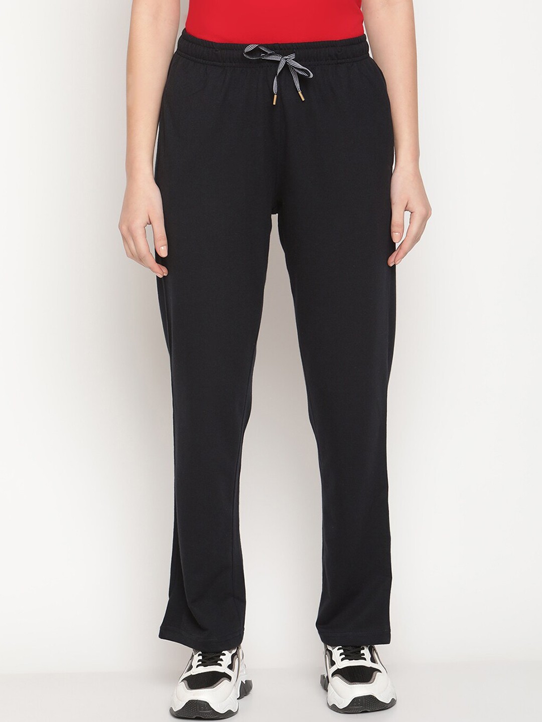 

METTLE Women Navy Blue Solid Cotton Track Pants
