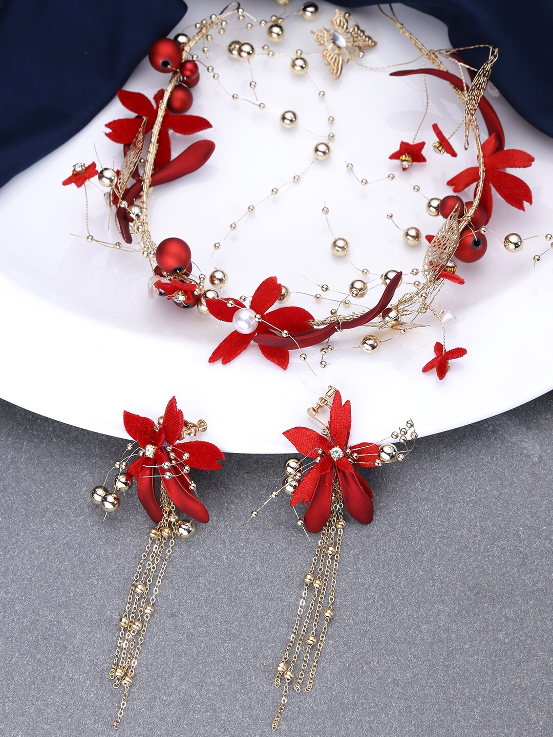 

Yellow Chimes Red & Gold-Toned Floral Beaded Tiara Hair Vine With Earrings