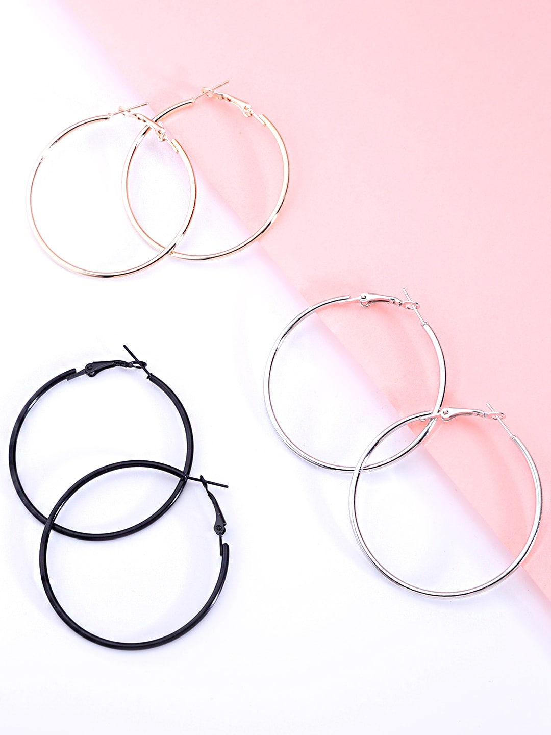 

Yellow Chimes Set Of 3 Gold-Toned & Black Circular Hoop Earrings