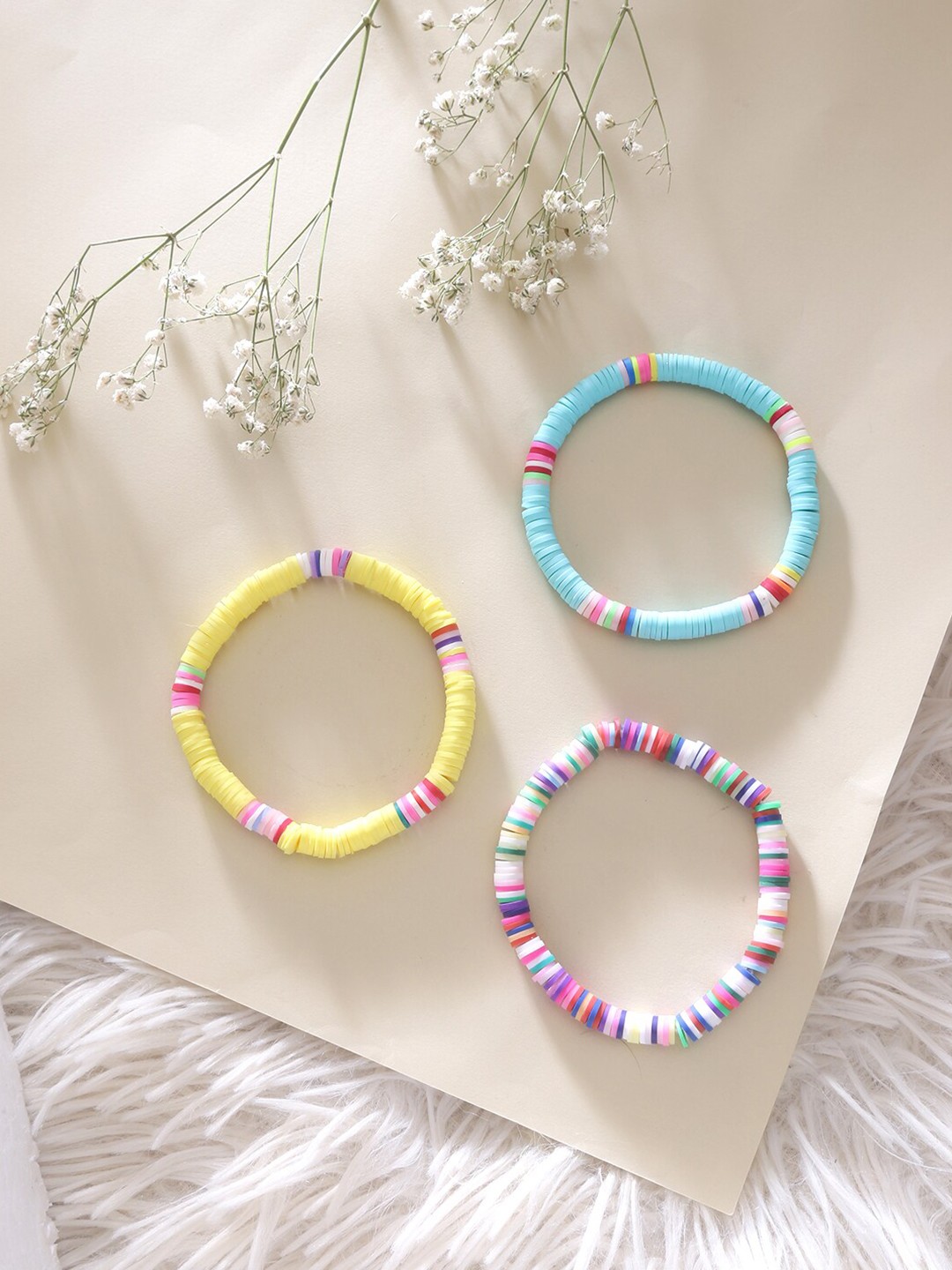 

Yellow Chimes Unisex Set of 3 Heishi Lightweight Stack Rainbow Summer Beach Bracelets