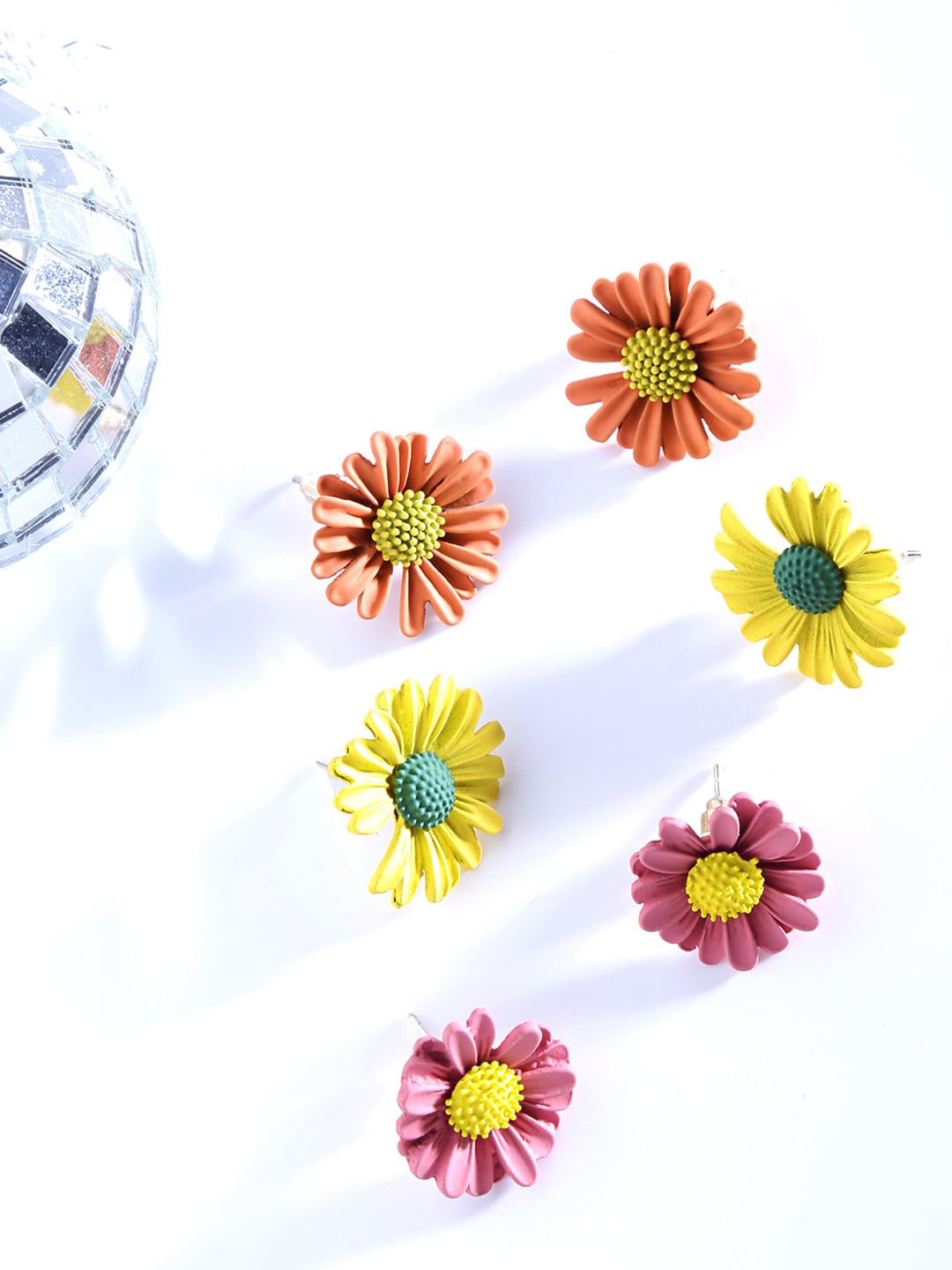 

Yellow Chimes Set of 3 Orange & Pink Floral Studs Earrings