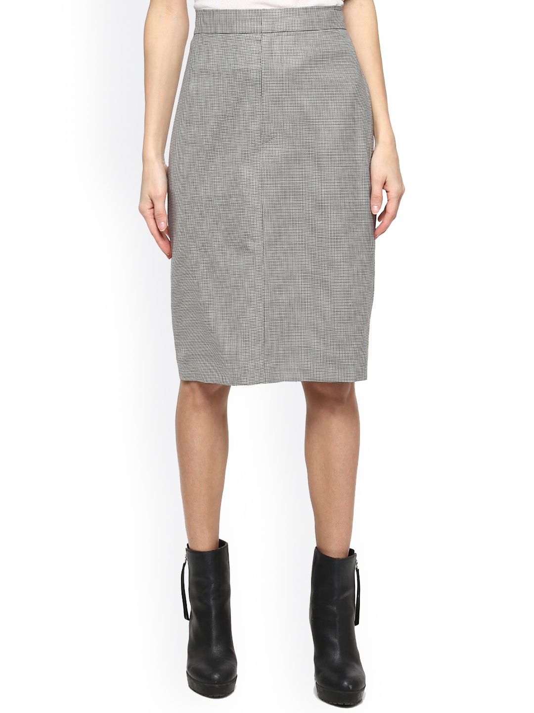 

Polo Ralph Lauren Women Solid Grey Houndstooth High-Waist Midi Pencil Skirt
