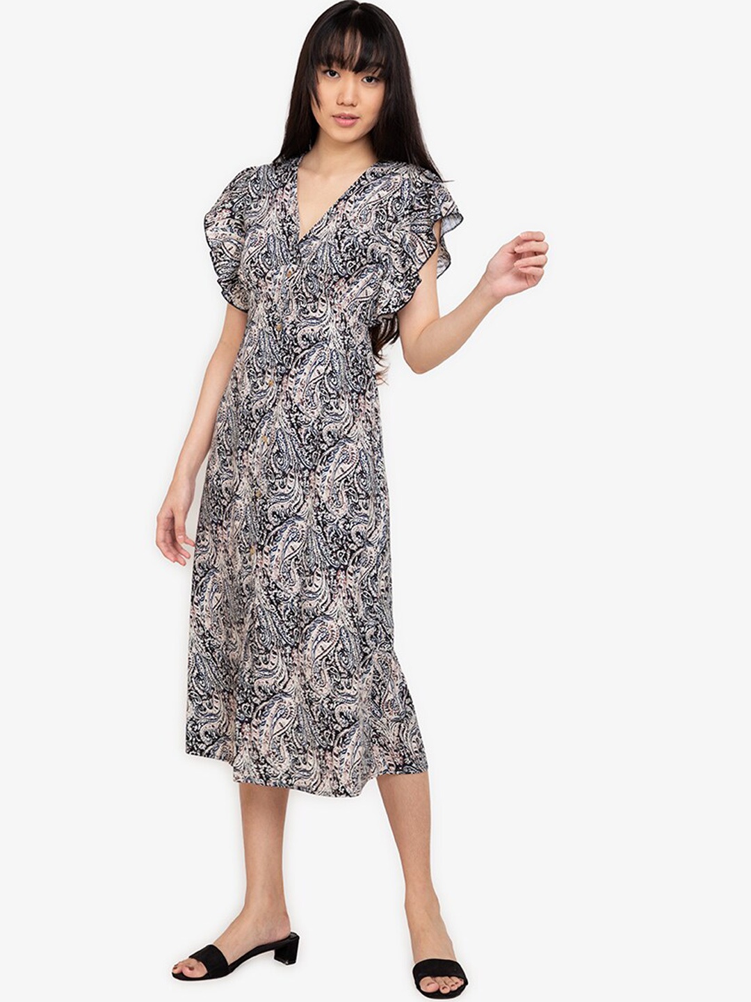 

ZALORA BASICS Women Black Printed 100% Recycled Polyester Frill Midi A-Line Dress