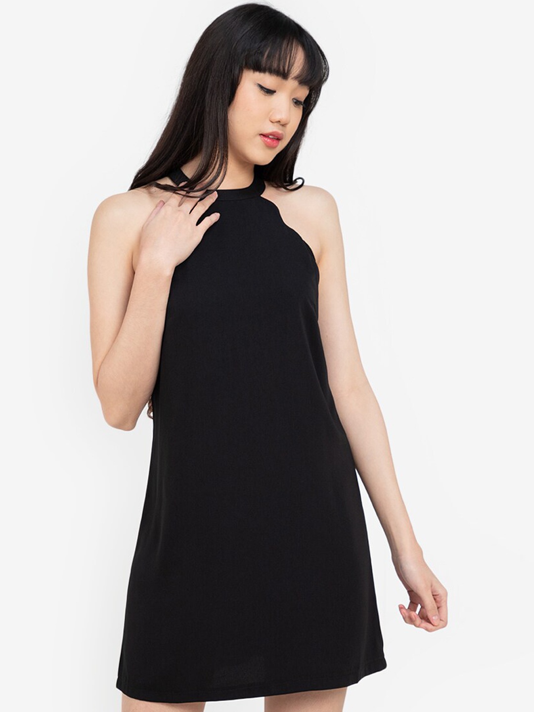 

ZALORA BASICS Black Halter Neck Recycled Polyester A-Line Dress