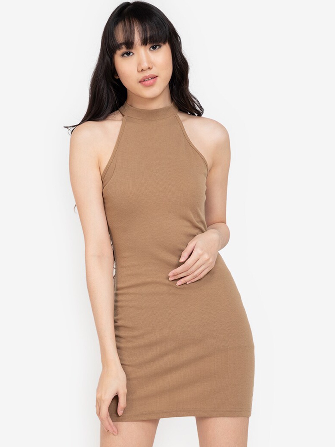 

ZALORA BASICS Brown Halter Neck A-Line Mini Dress