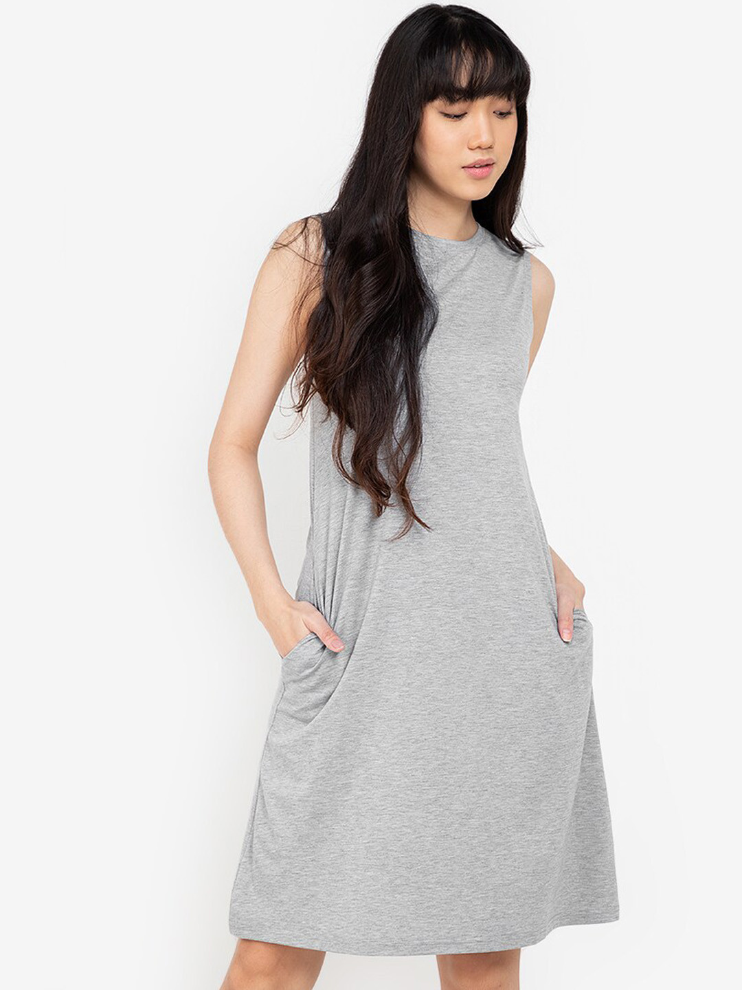 

ZALORA BASICS Grey Solid Cotton A-Line Dress