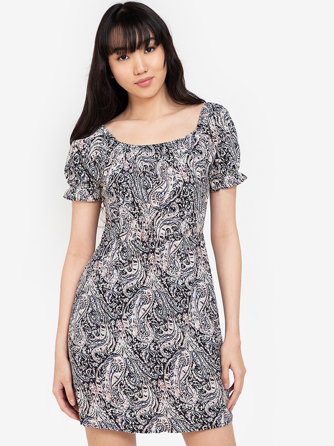 

ZALORA BASICS Black & Beige Floral A-Line Mini Dress