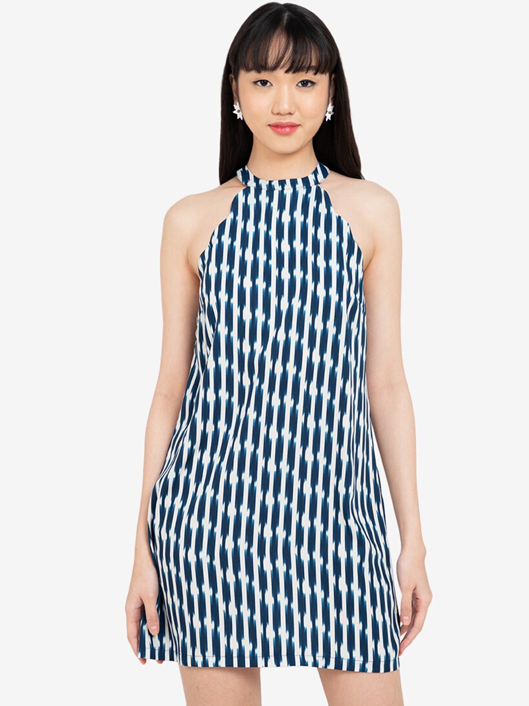 

ZALORA BASICS White & Blue Geometric Printed Halter Neck Sheath Mini Dress