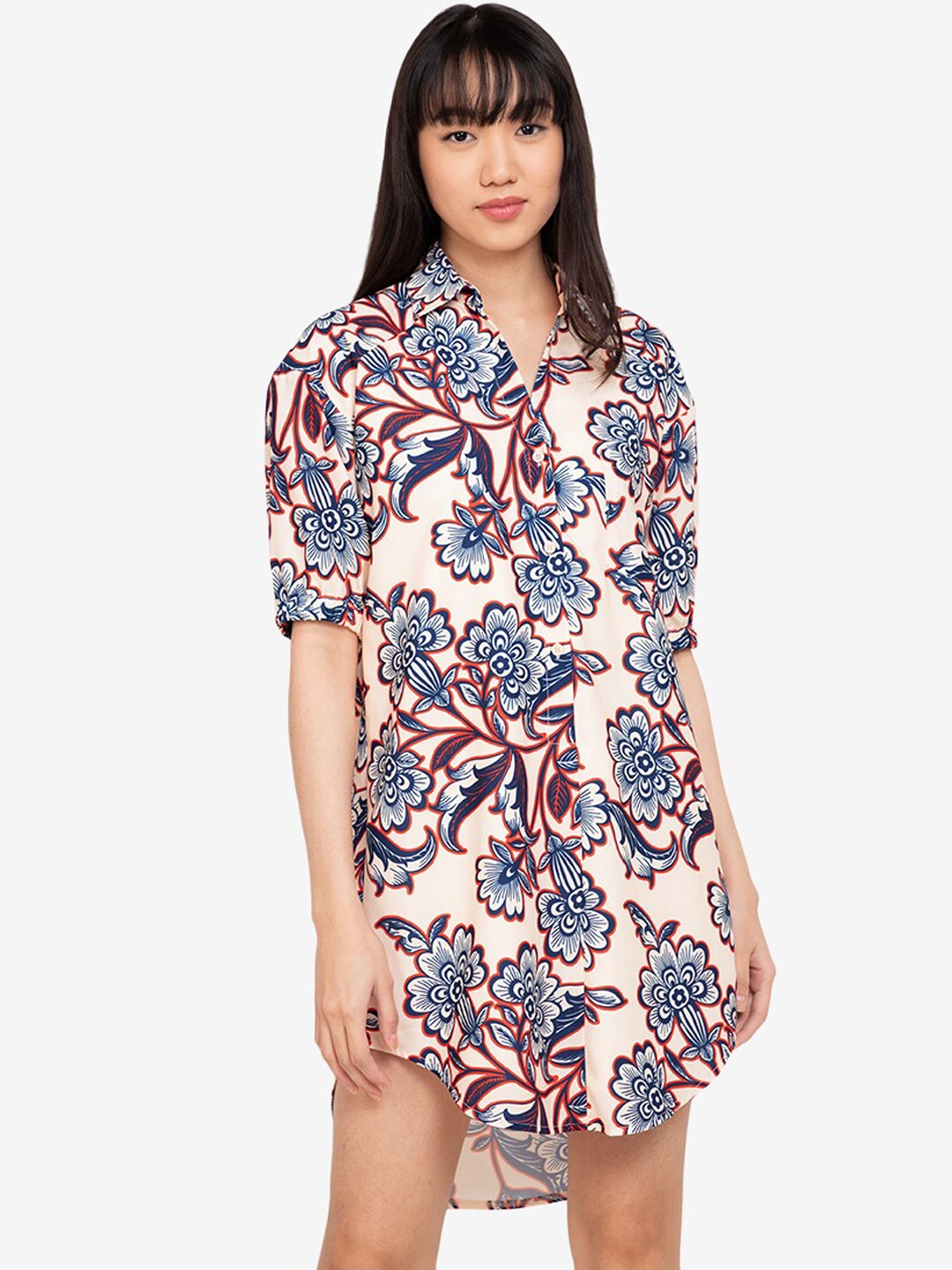 

ZALORA BASICS Peach-Coloured & Blue Floral Shirt Mini Dress
