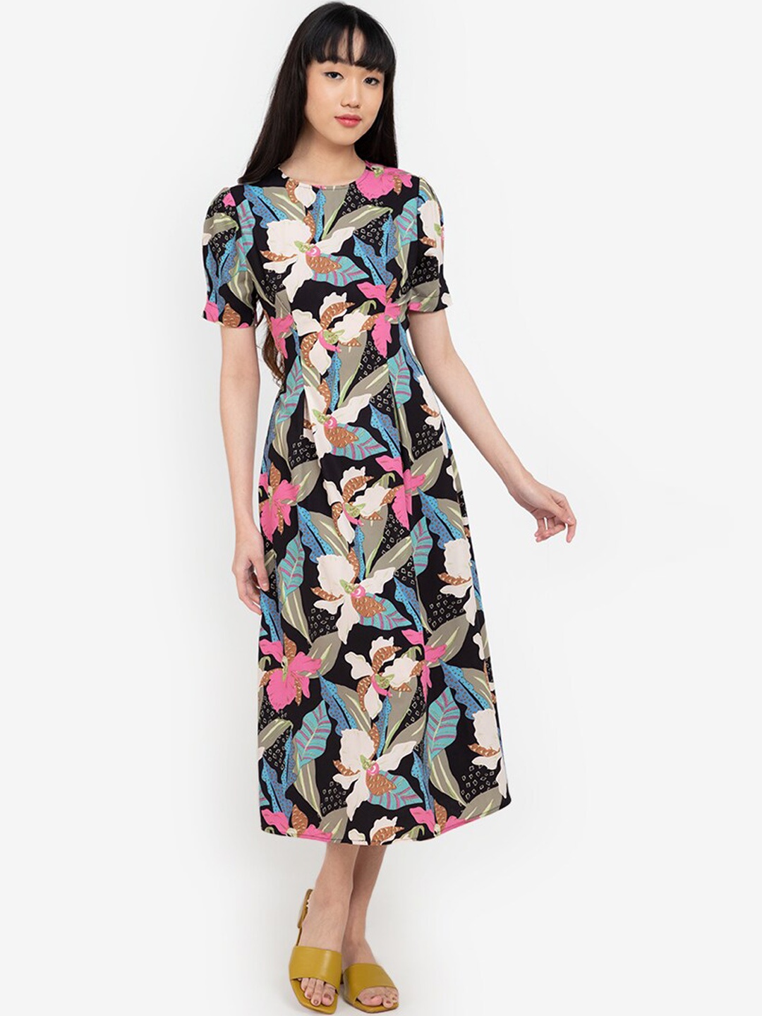 

ZALORA BASICS Multicoloured Floral Printed Fit & Flare Midi Dress, Multi