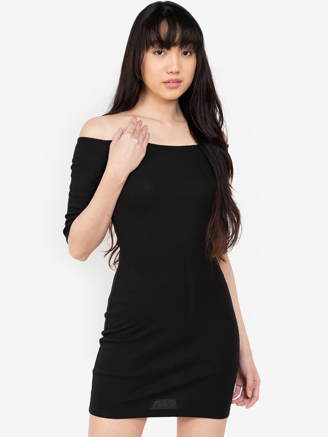 

ZALORA BASICS Women Solid Off Shoulder Bodycon Dress, Black