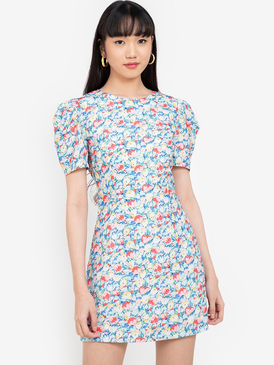 

ZALORA BASICS Off White & Blue Floral Off-Shoulder Sheath Mini Dress