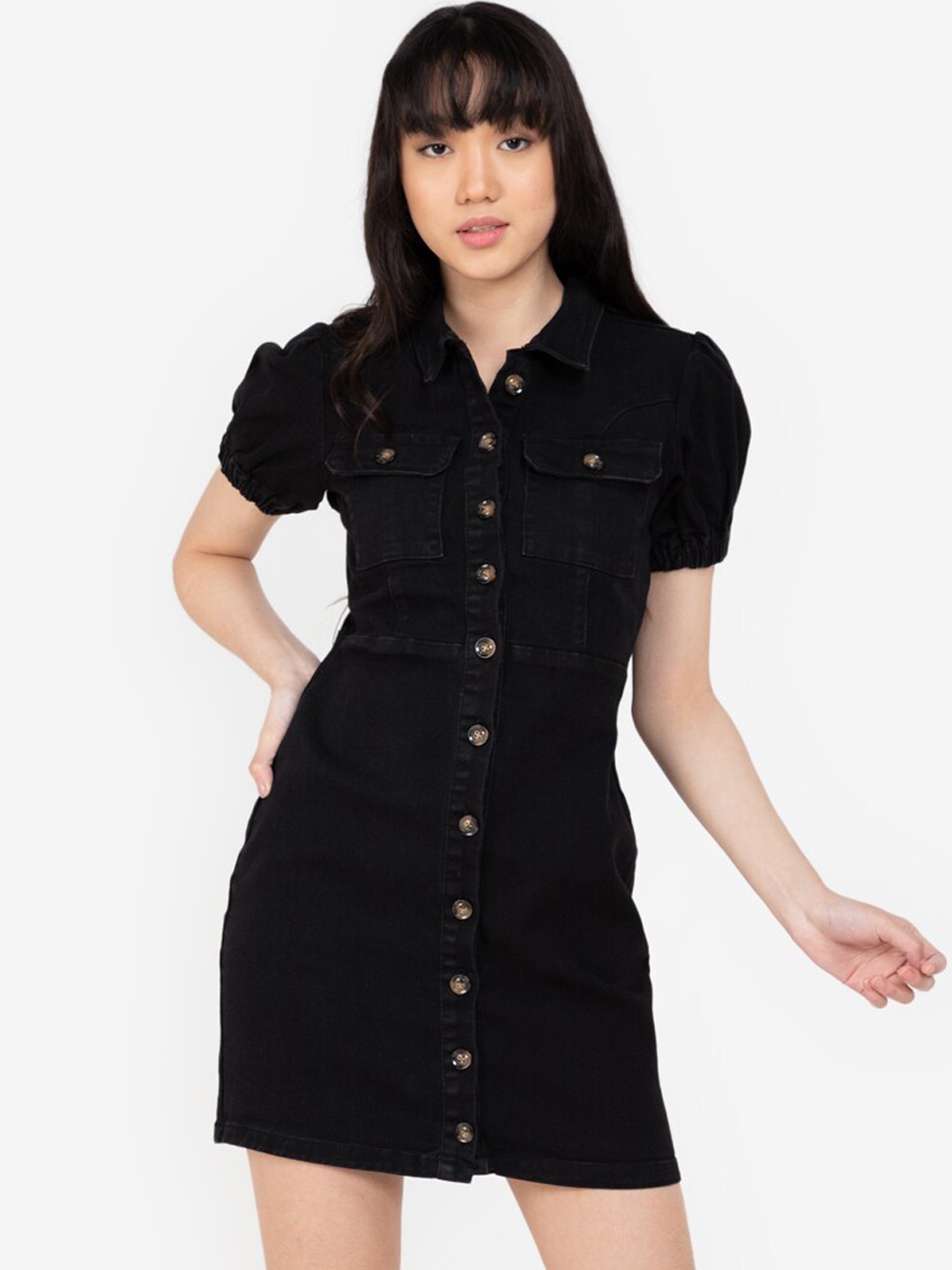 

ZALORA BASICS Black Solid Denim Shirt Dress