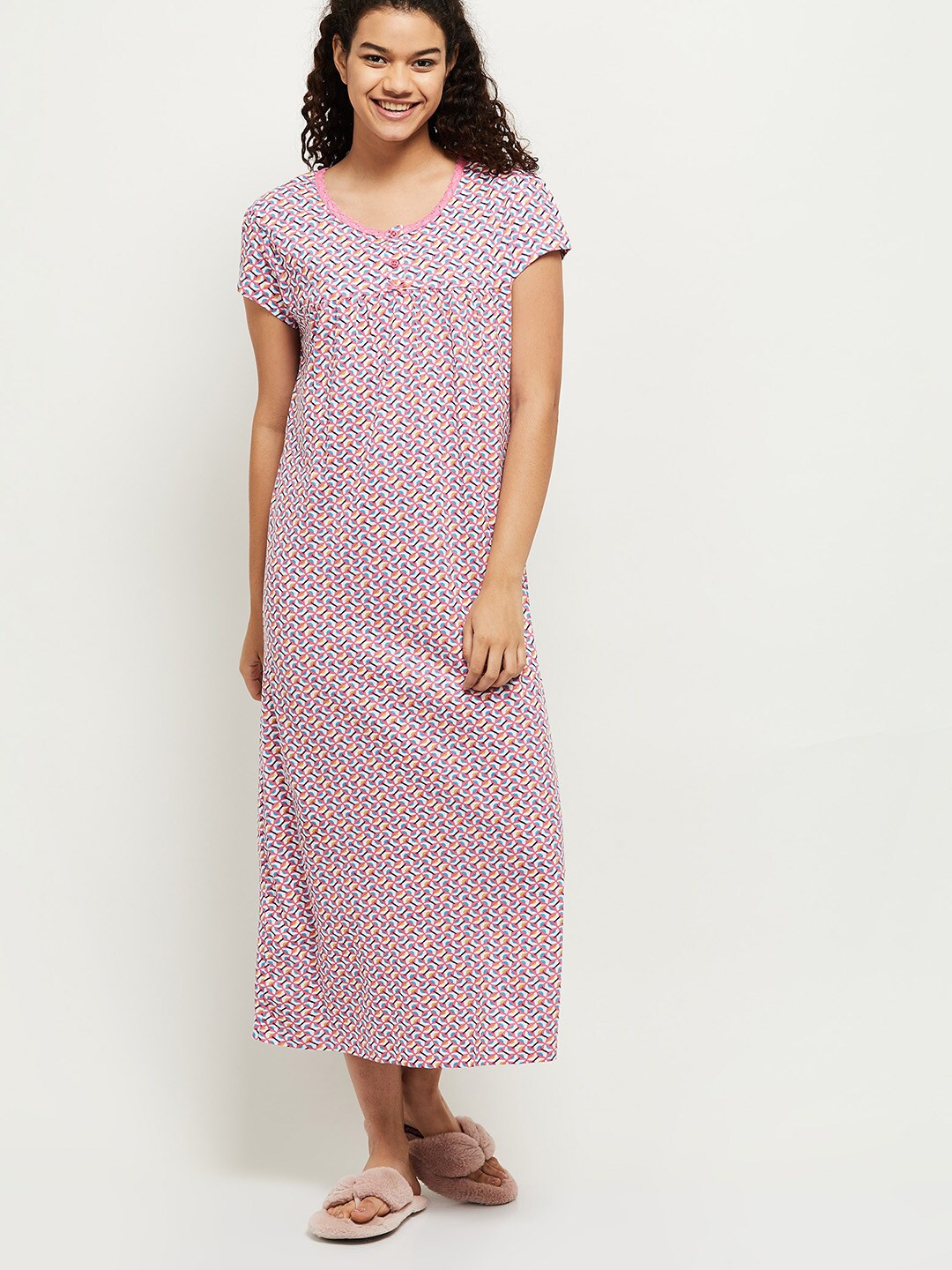 

max Pink & White Geometric Printed Pure Cotton Maxi Nightdress