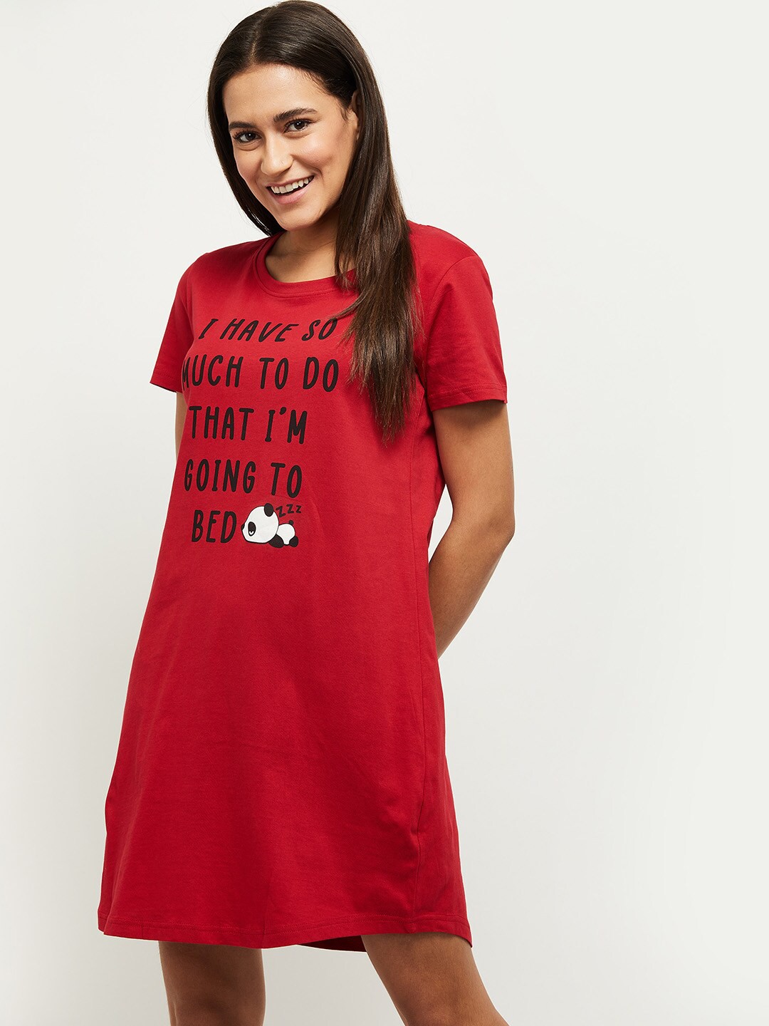 

max Women Red & Black Typography Printed Pure Cotton T-shirt Nightdress