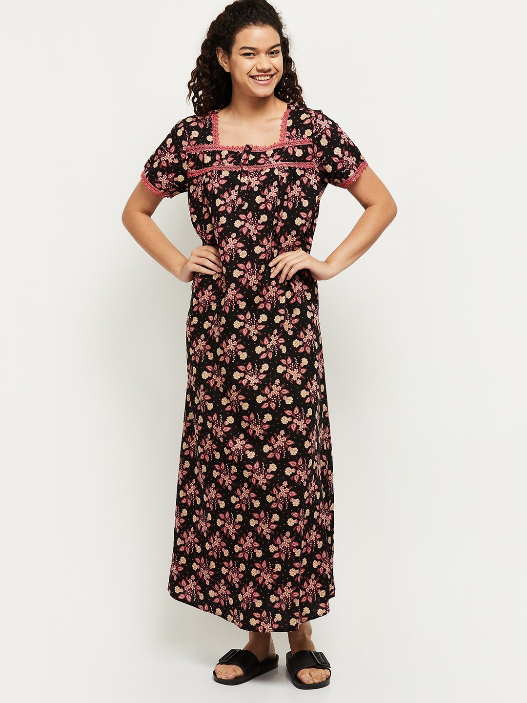 

max Black & Mauve Floral Printed Maxi Nightdress