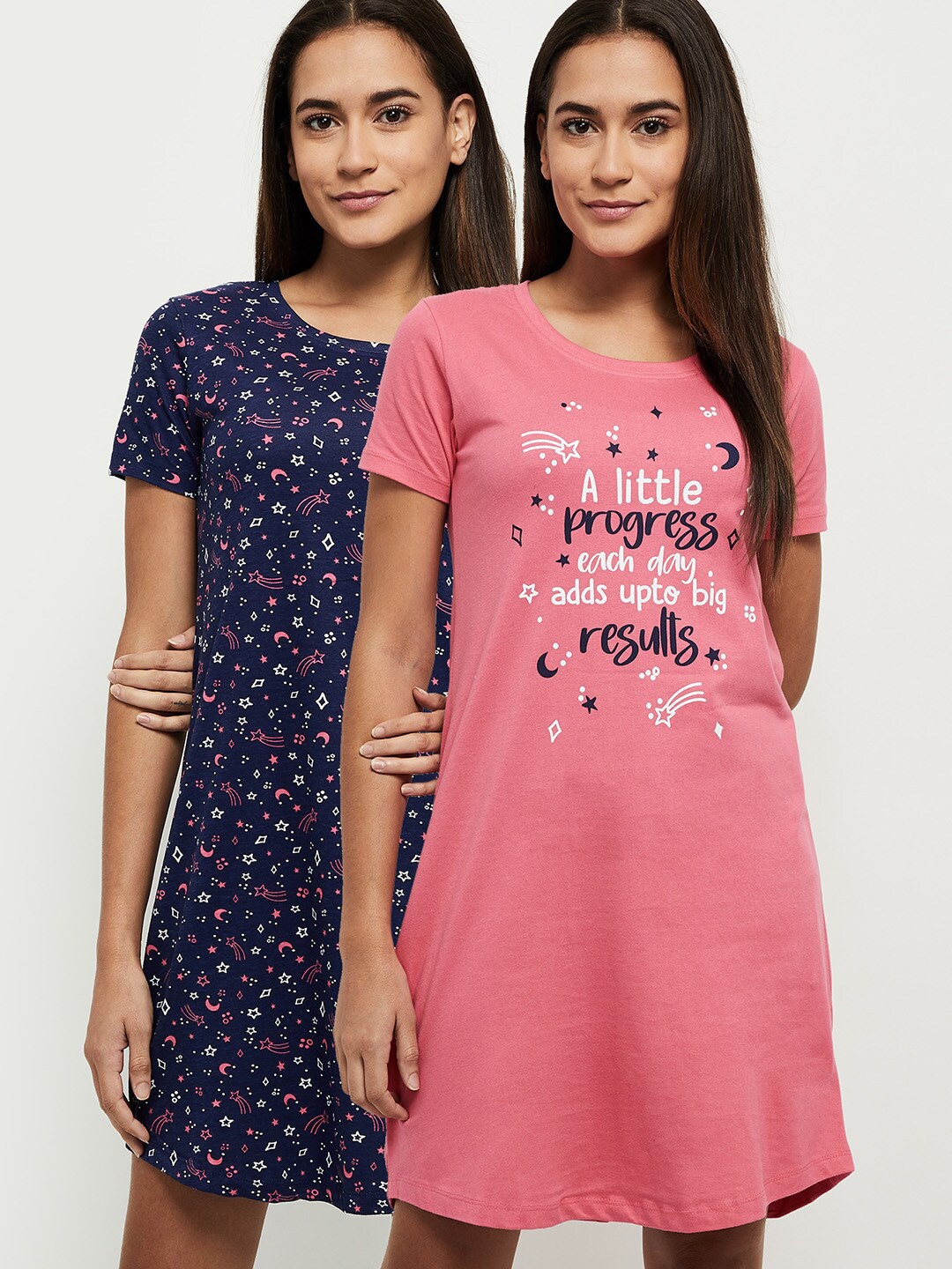 

max Women Pink & Navy Blue Pack Of 2 Printed Pure Cotton T-shirt Nightdress