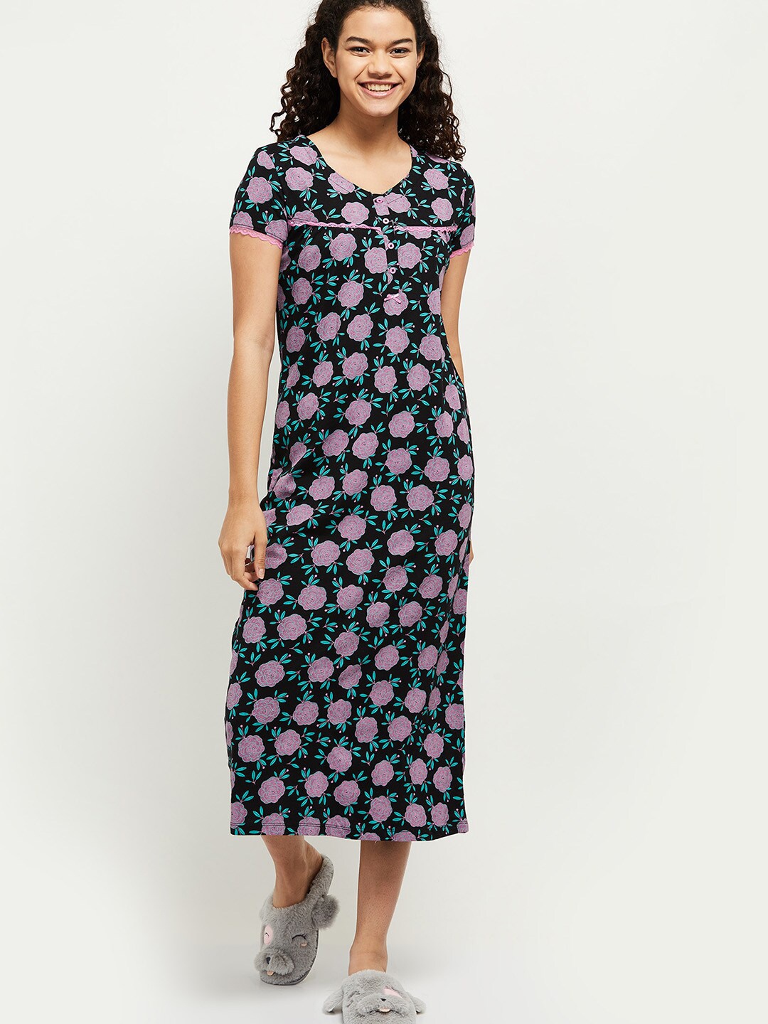 

max Black & Lavender Floral Printed Pure Cotton Maxi Nightdress