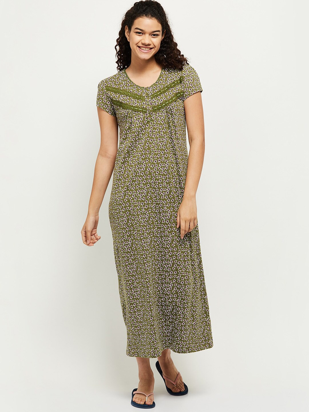 

max Olive Green Printed Pure Cotton Maxi Nightdress