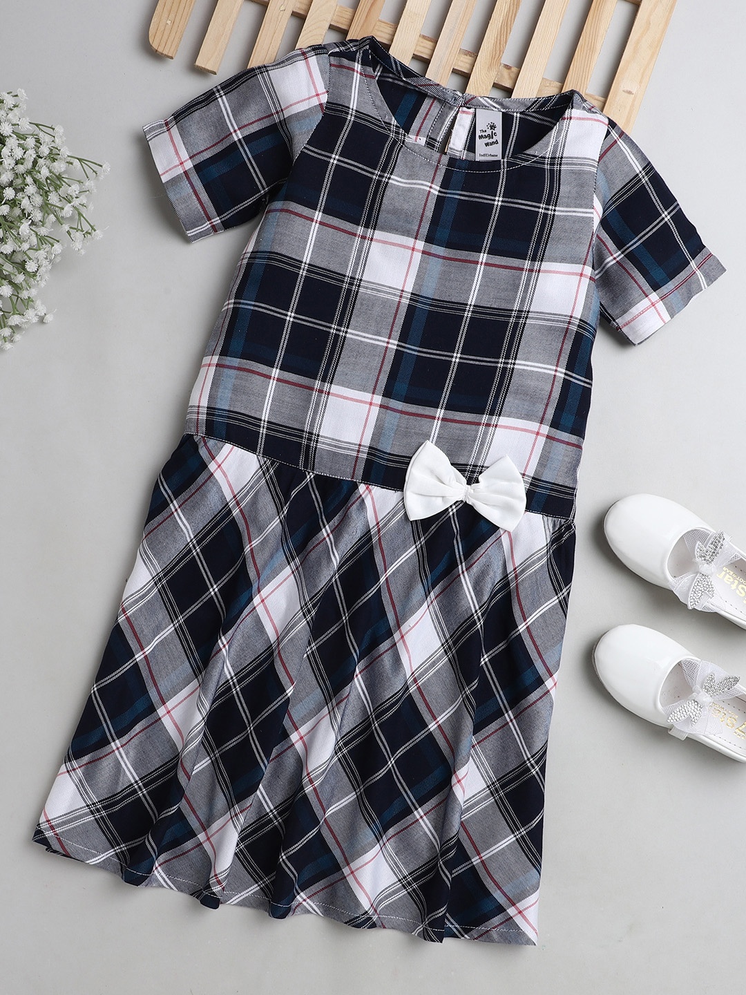 

The Magic Wand Girls Blue & Grey Checked Cotton A-Line Dress