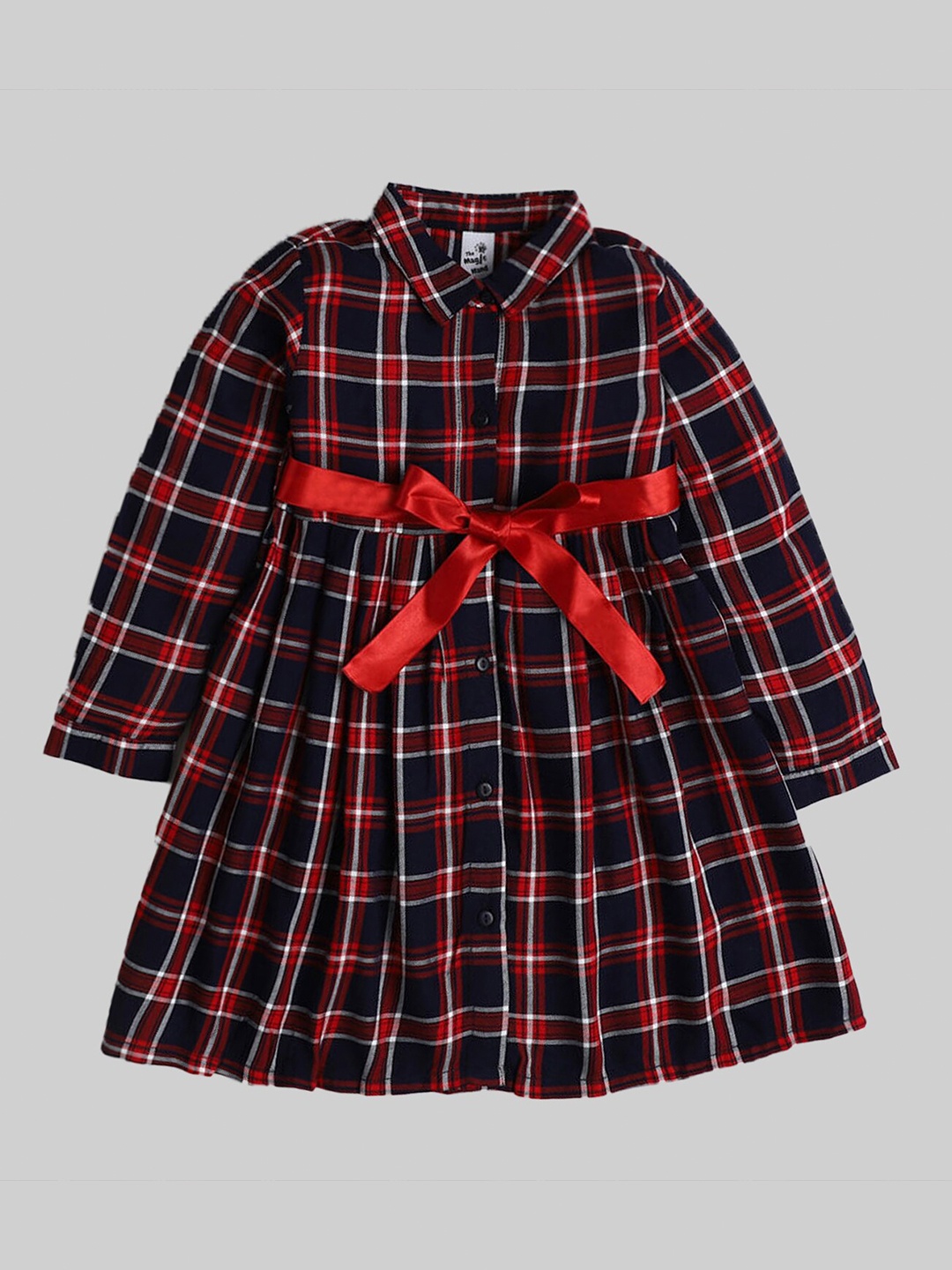 

The Magic Wand Girls Navy Blue & Red Checked Belted Shirt Dress