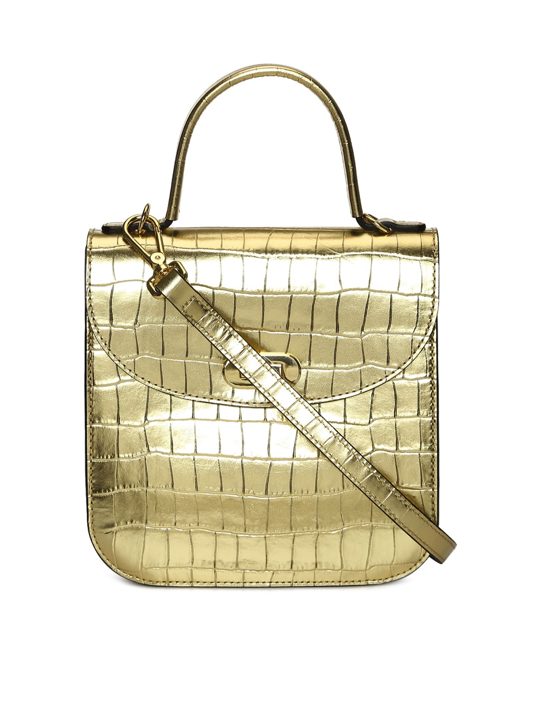 

Coccinelle Gold-Toned Animal Textured Leather Structured Handheld Bag with Quilted