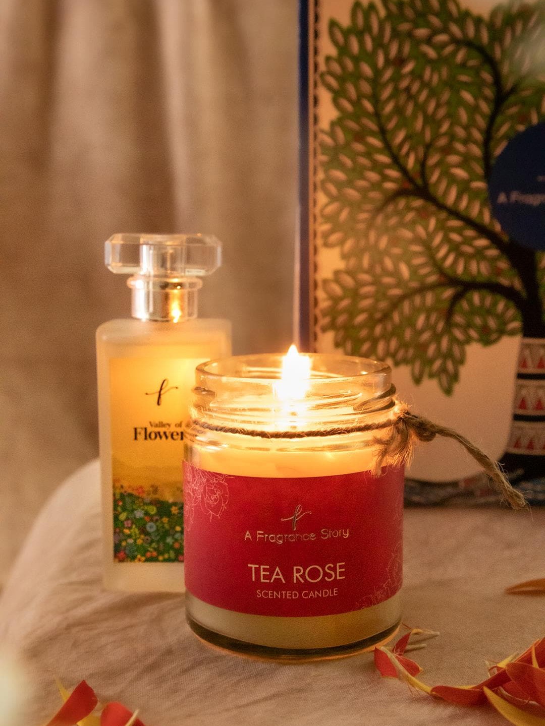 

A Fragrance Story Set of Kalpavriksha Valley of Flowers EDP & Tea Rose Candle, Transparent