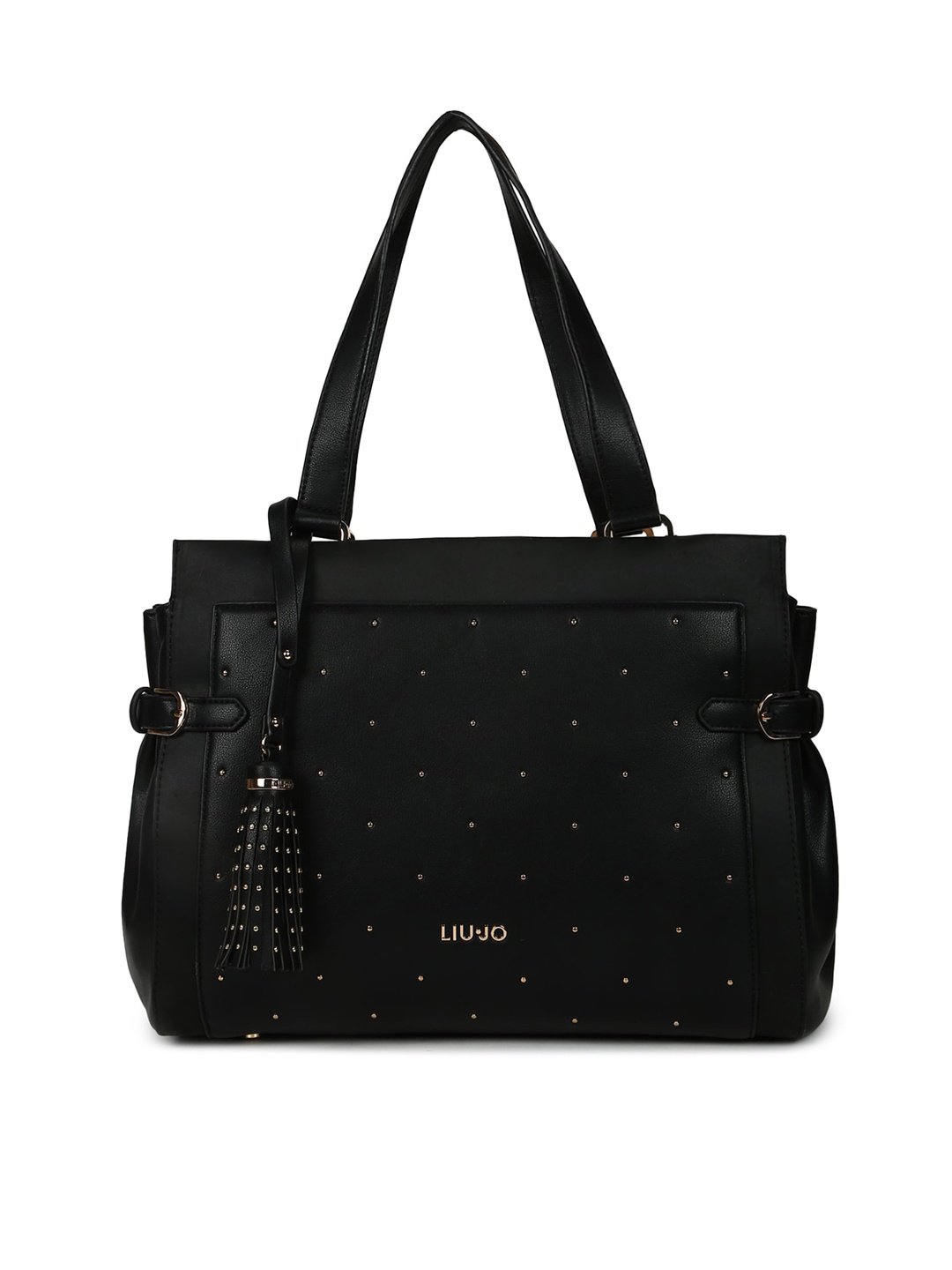 

LIU JO Black Embellished Leather Structured Handheld Bag with Fringed