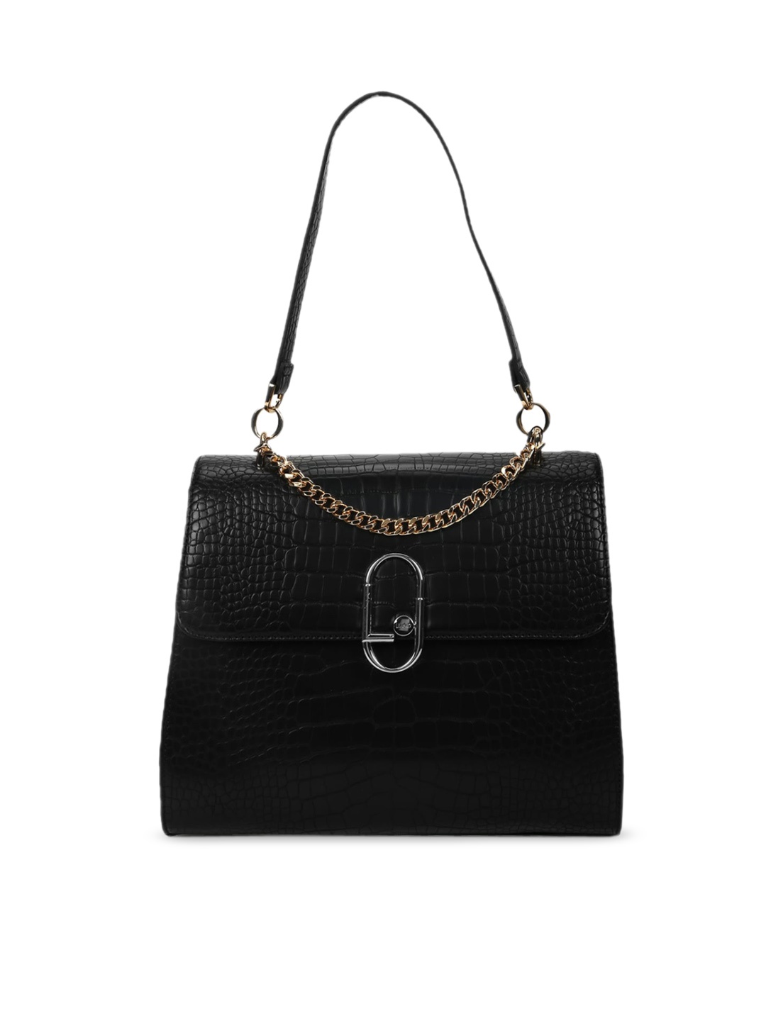 

LIU JO Black Animal Textured Leather Structured Handheld Bag