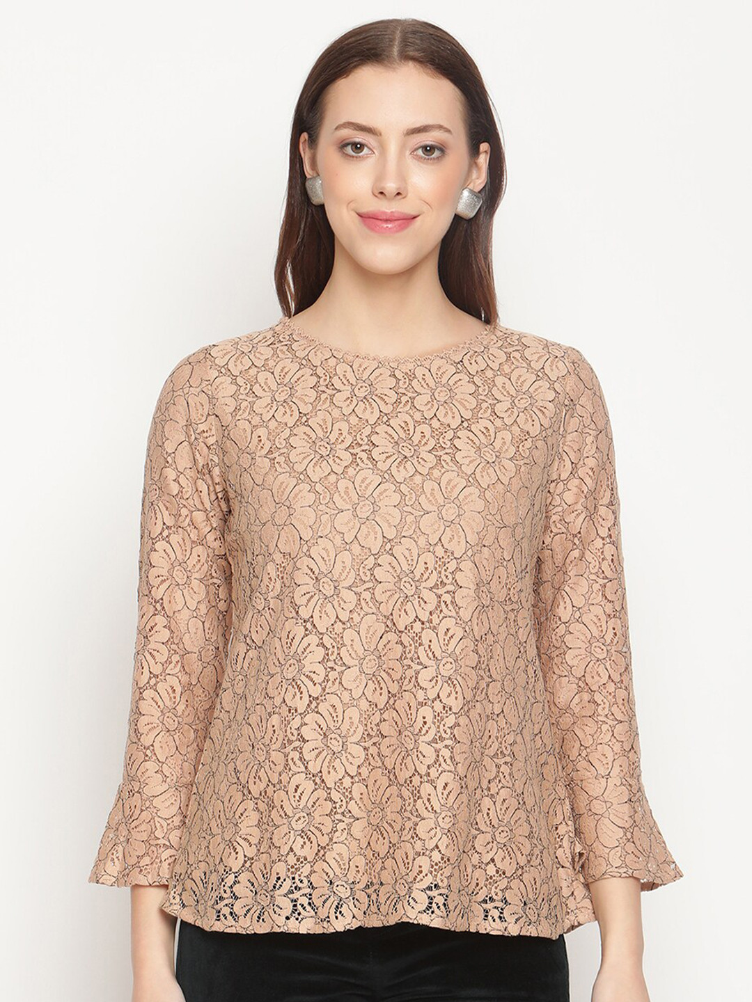 

METTLE Women Brown Self Design Lace Top