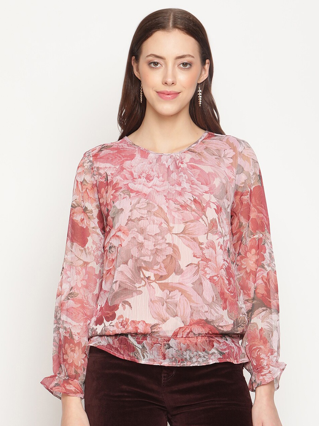 

METTLE Women Plus Size Peach-Coloured Floral Print Top