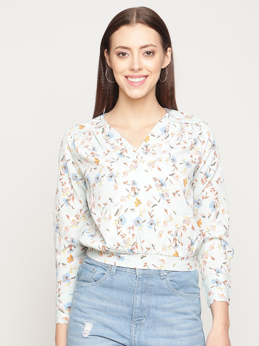 

METTLE Women Off White Floral Printed Blouson Crop Top