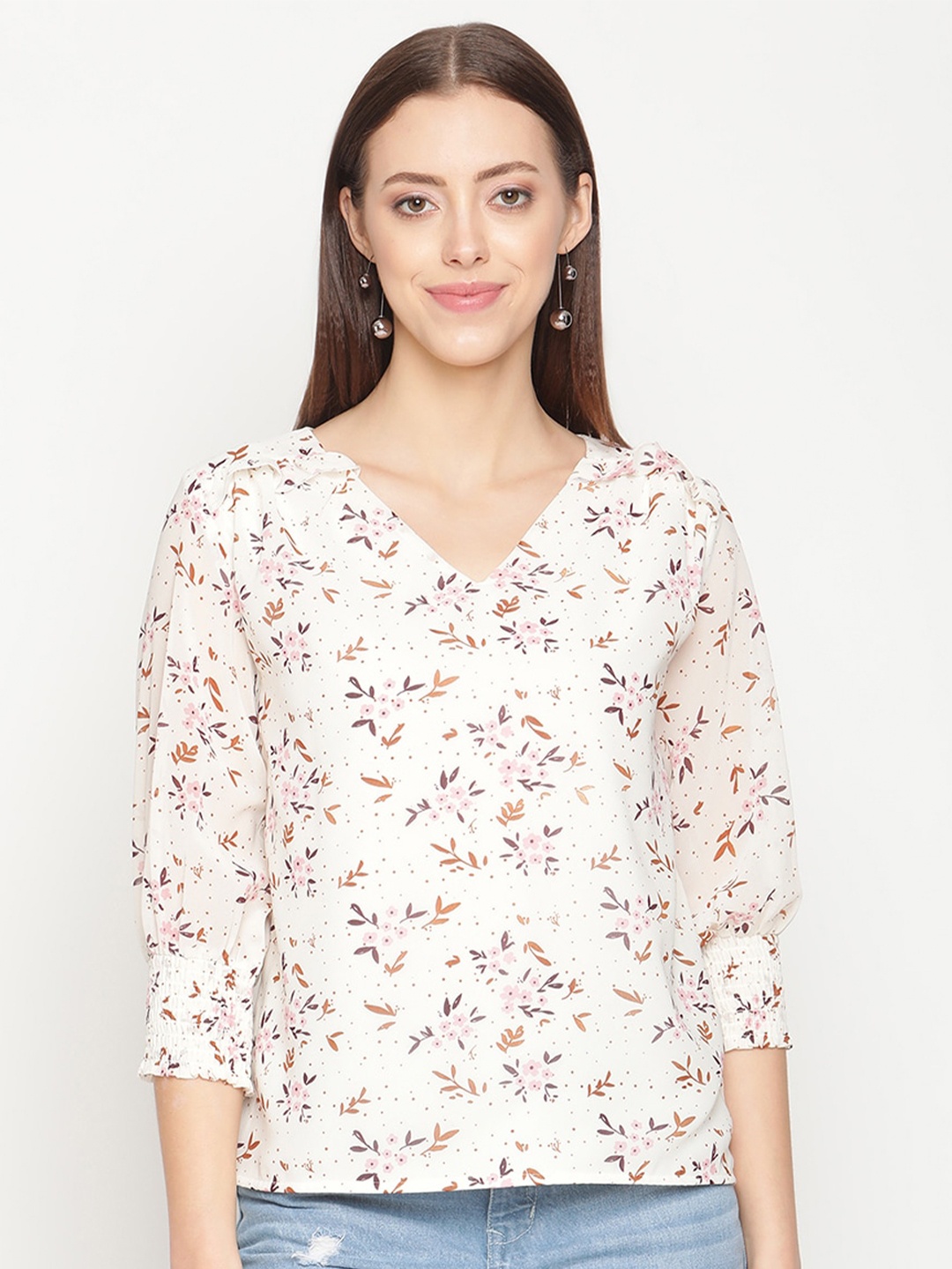 

METTLE Women White Floral Print Georgette Top