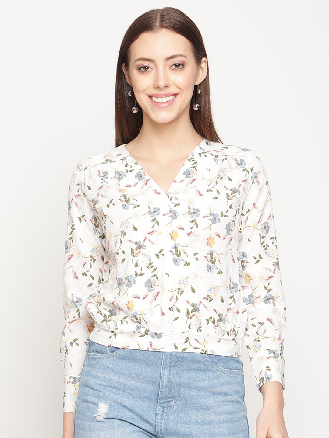 

METTLE White & Blue Floral Print Wrap Top