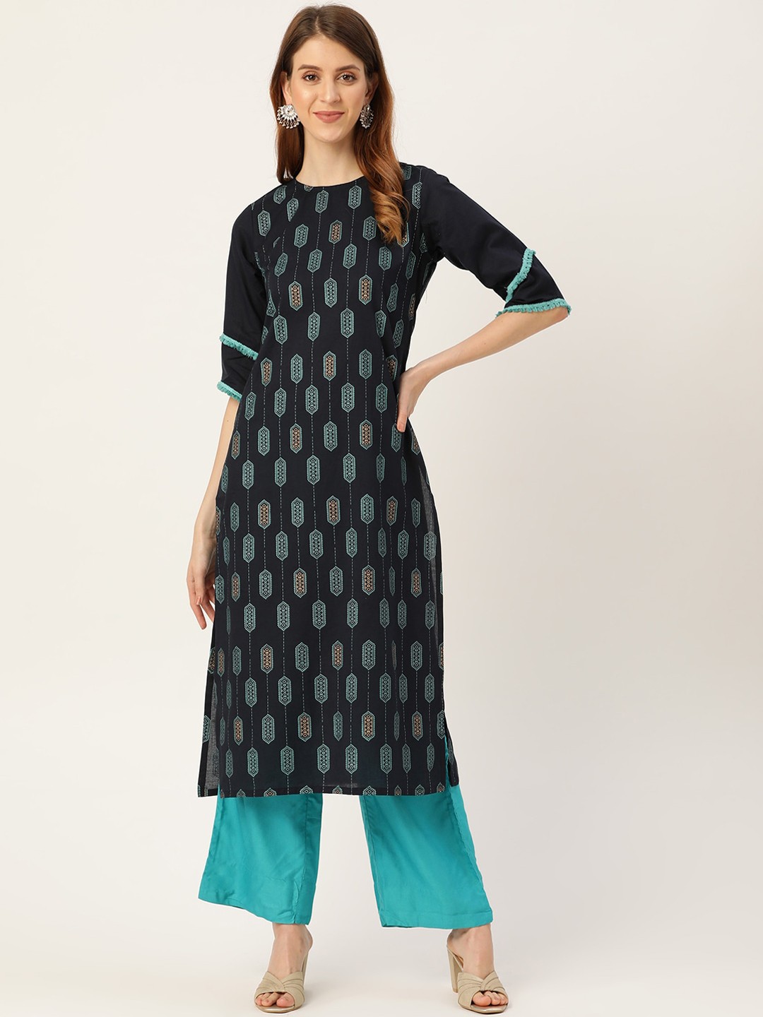 

AASI - HOUSE OF NAYO Women Navy Blue & Gold-Toned Geometric Printed Cotton Kurta