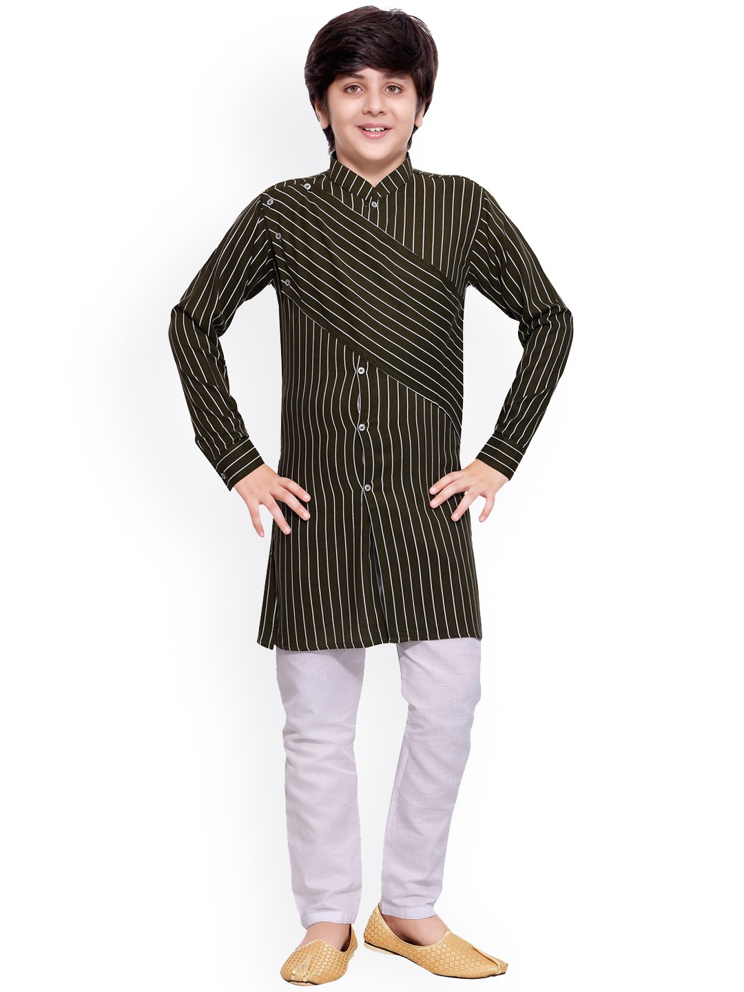 

Jeetethnics Boys Olive Green & White Striped Kurta with Pyjamas