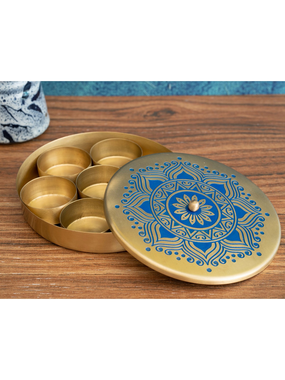 

nakshikathaa Gold-Toned & Blue Printed Brass Spice Box With Containers