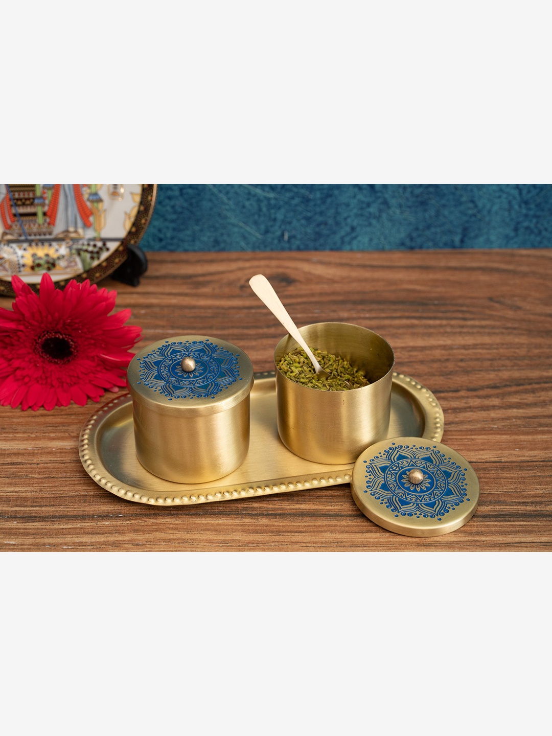 

nakshikathaa Gold-Toned & Blue Brass Condiment Jars with Tray and Spoon
