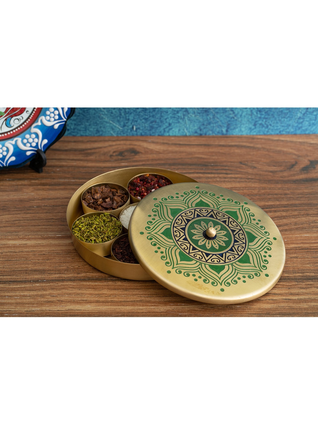 

nakshikathaa Gold-Toned & Green Handpainted Round Brass Masala Box