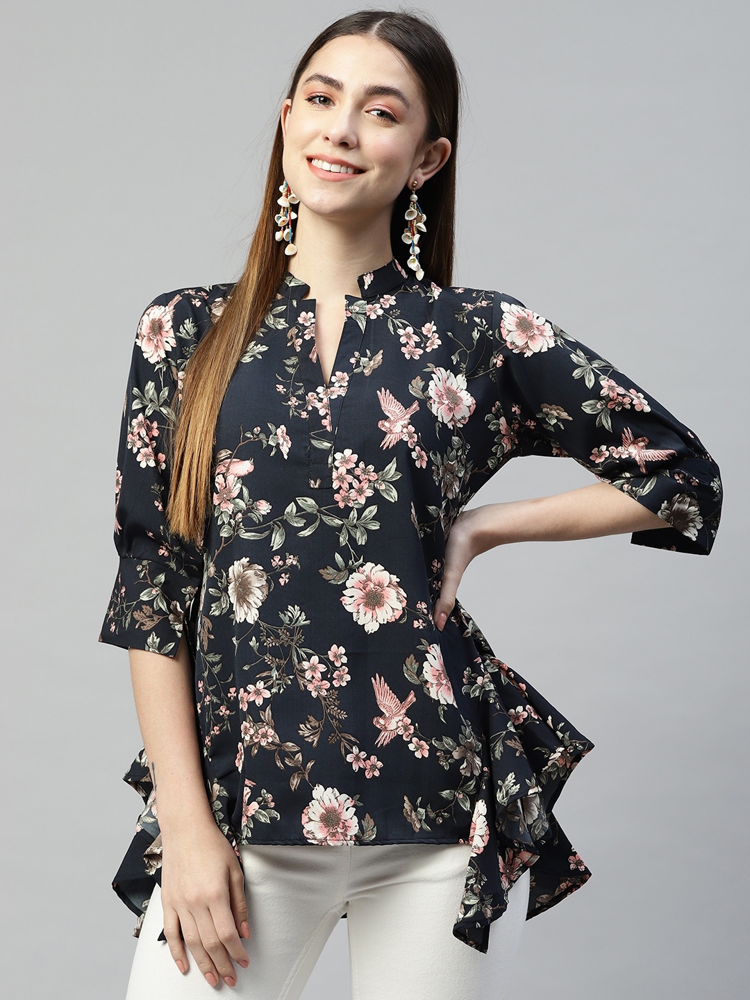 

Ives Navy Blue Floral Print Mandarin Collar Crepe Top