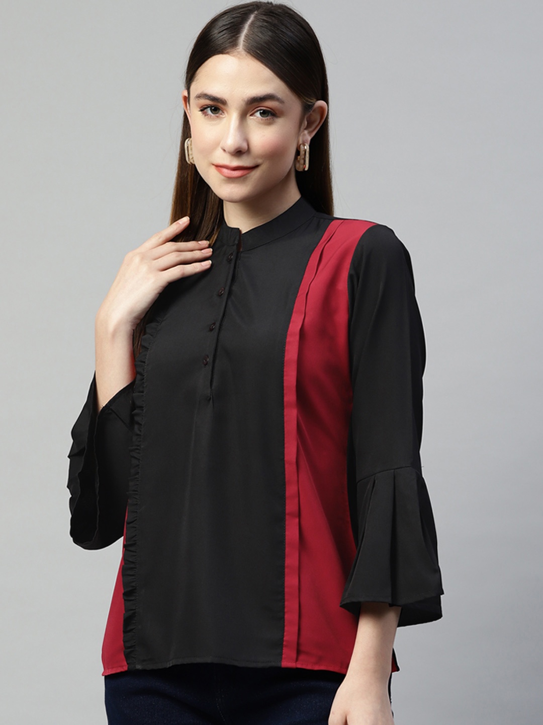 

Ives Black & Maroon Colourblocked Mandarin Collar Crepe Top