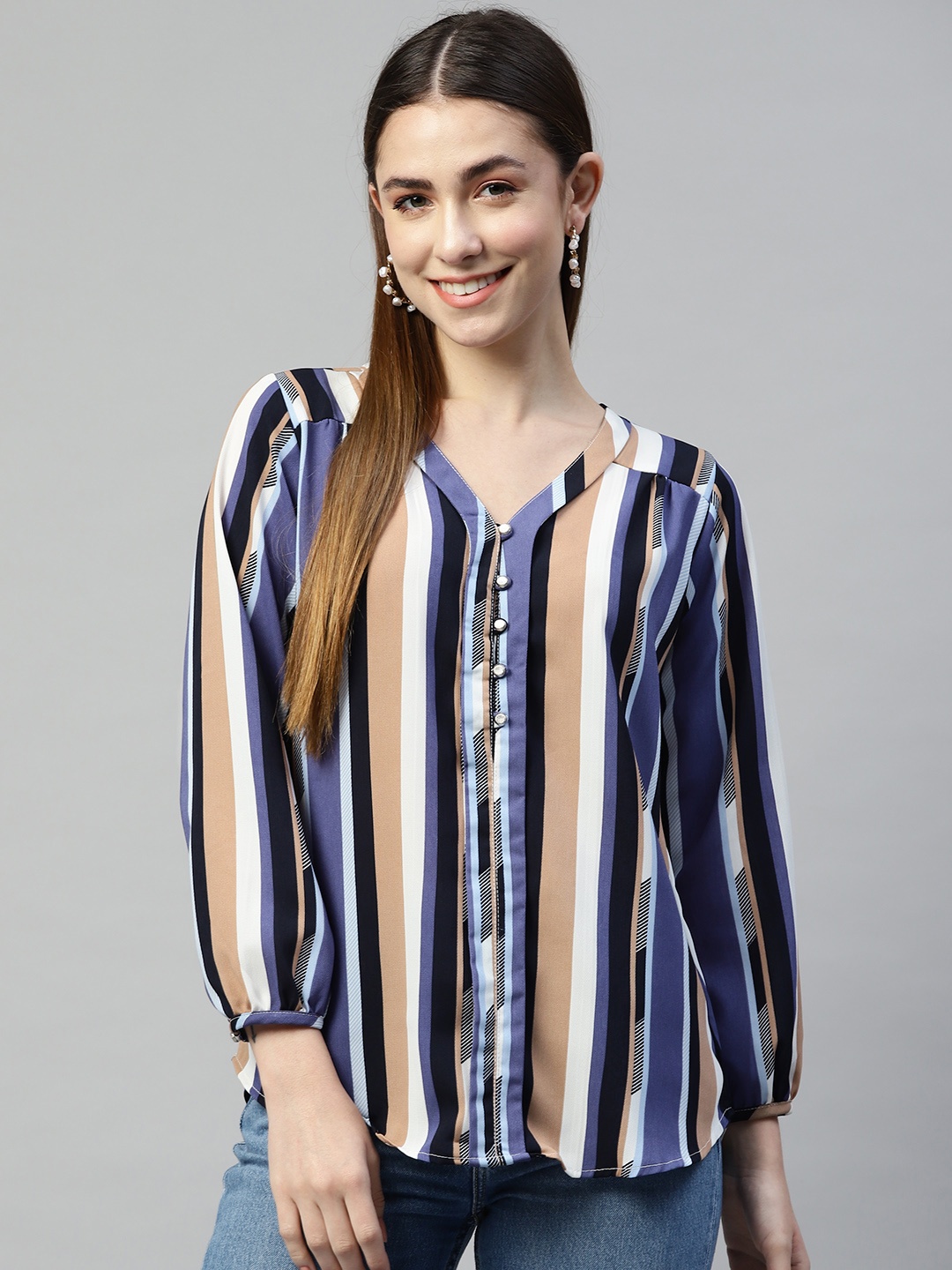 

Ives Blue & Beige Striped Crepe Top