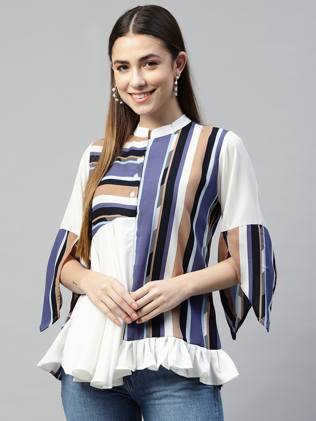 

Ives Blue & White Striped Mandarin Collar Crepe Top